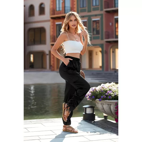 PRETTYGARDEN Womens Satin Jogger Pants Casual High Waist Long Lounge Pant Trousers with PocketsZblack