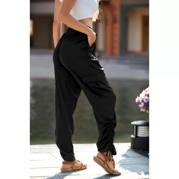 PRETTYGARDEN Womens Satin Jogger Pants Casual High Waist Long Lounge Pant Trousers with PocketsZblack