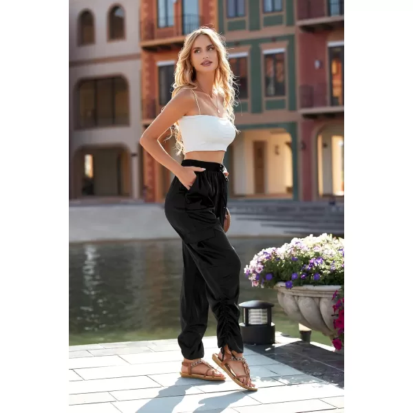 PRETTYGARDEN Womens Satin Jogger Pants Casual High Waist Long Lounge Pant Trousers with PocketsZblack