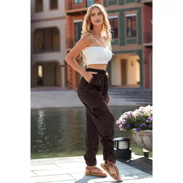 PRETTYGARDEN Womens Satin Jogger Pants Casual High Waist Long Lounge Pant Trousers with PocketsZdark Coffee