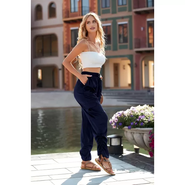 PRETTYGARDEN Womens Satin Jogger Pants Casual High Waist Long Lounge Pant Trousers with PocketsZnavy