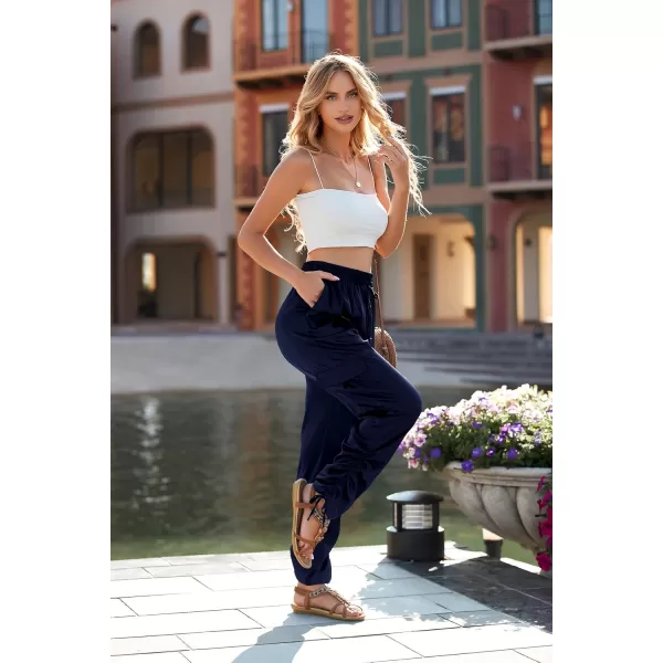 PRETTYGARDEN Womens Satin Jogger Pants Casual High Waist Long Lounge Pant Trousers with PocketsZnavy