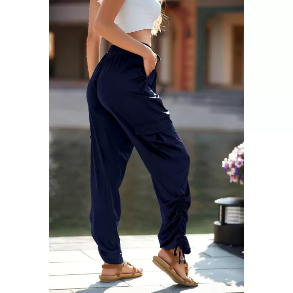 PRETTYGARDEN Womens Satin Jogger Pants Casual High Waist Long Lounge Pant Trousers with PocketsZnavy