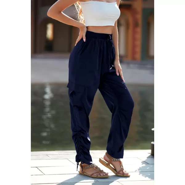 PRETTYGARDEN Womens Satin Jogger Pants Casual High Waist Long Lounge Pant Trousers with PocketsZnavy