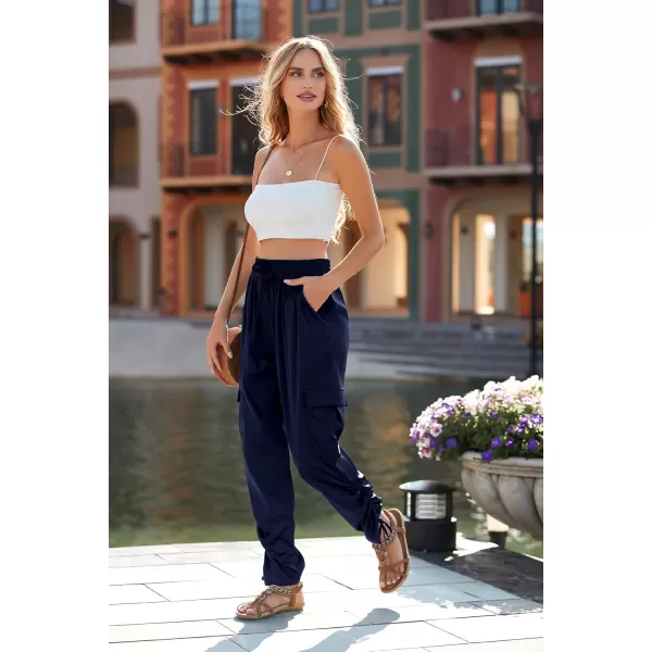 PRETTYGARDEN Womens Satin Jogger Pants Casual High Waist Long Lounge Pant Trousers with PocketsZnavy