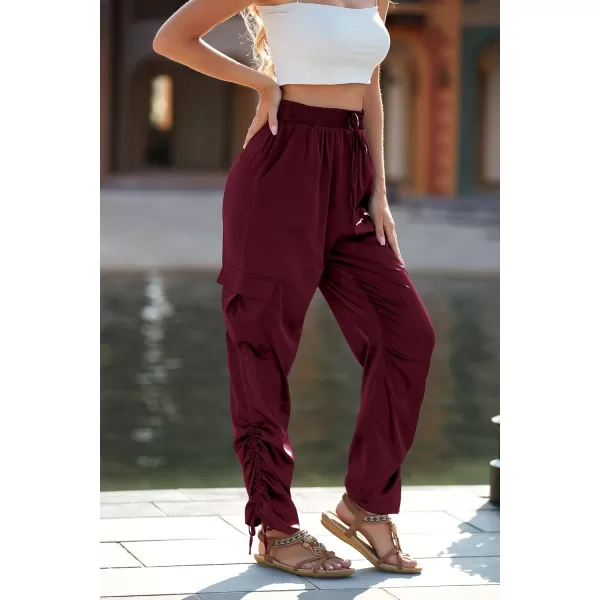 PRETTYGARDEN Womens Satin Jogger Pants Casual High Waist Long Lounge Pant Trousers with PocketsZwine Red
