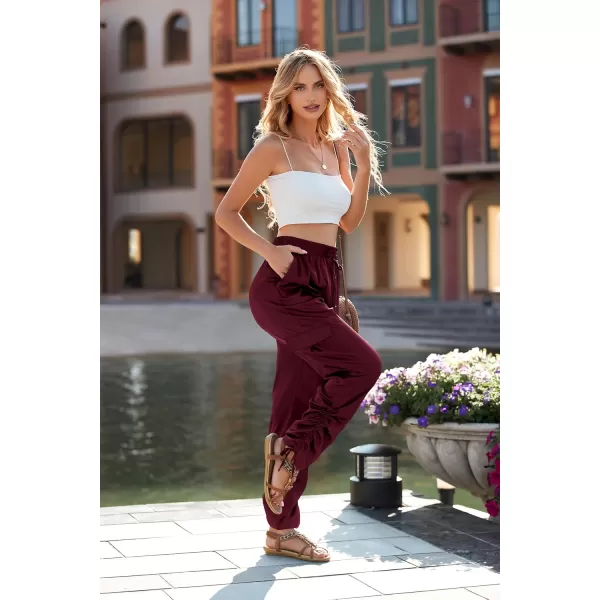 PRETTYGARDEN Womens Satin Jogger Pants Casual High Waist Long Lounge Pant Trousers with PocketsZwine Red