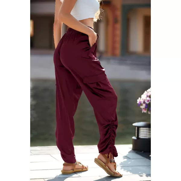 PRETTYGARDEN Womens Satin Jogger Pants Casual High Waist Long Lounge Pant Trousers with PocketsZwine Red