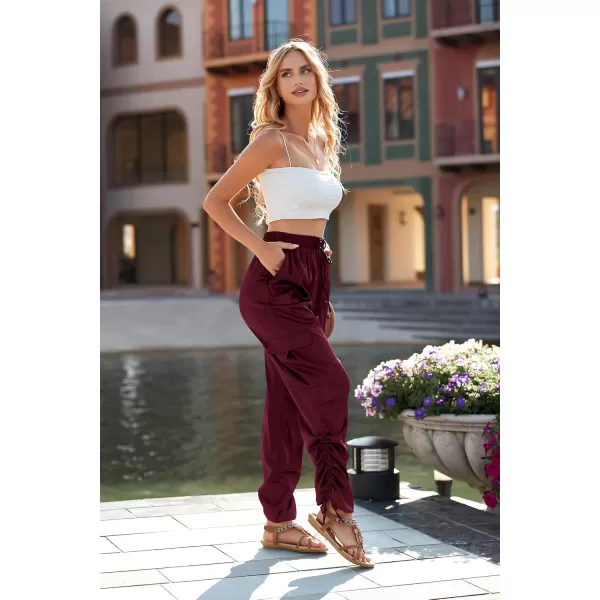 PRETTYGARDEN Womens Satin Jogger Pants Casual High Waist Long Lounge Pant Trousers with PocketsZwine Red