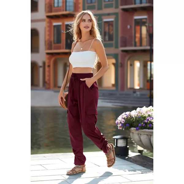 PRETTYGARDEN Womens Satin Jogger Pants Casual High Waist Long Lounge Pant Trousers with PocketsZwine Red