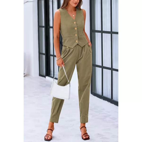 PRETTYGARDEN Womens Summer Two Piece Outfits V Neck Button Front Cropped Tank Tops Vest Pockets Pants Cotton Matching SetsArmy Green