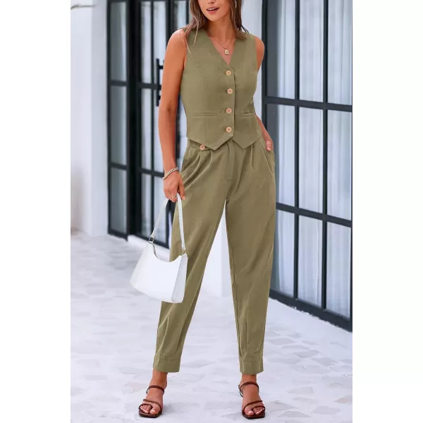 PRETTYGARDEN Womens Summer Two Piece Outfits V Neck Button Front Cropped Tank Tops Vest Pockets Pants Cotton Matching SetsArmy Green