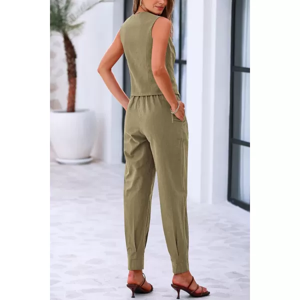 PRETTYGARDEN Womens Summer Two Piece Outfits V Neck Button Front Cropped Tank Tops Vest Pockets Pants Cotton Matching SetsArmy Green
