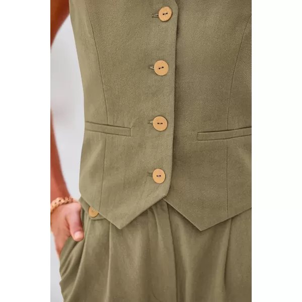 PRETTYGARDEN Womens Summer Two Piece Outfits V Neck Button Front Cropped Tank Tops Vest Pockets Pants Cotton Matching SetsArmy Green