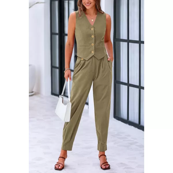 PRETTYGARDEN Womens Summer Two Piece Outfits V Neck Button Front Cropped Tank Tops Vest Pockets Pants Cotton Matching SetsArmy Green