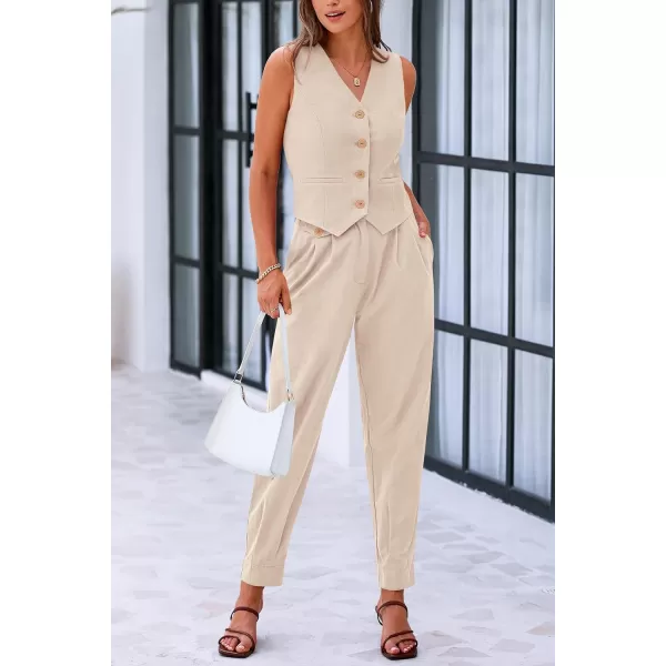 PRETTYGARDEN Womens Summer Two Piece Outfits V Neck Button Front Cropped Tank Tops Vest Pockets Pants Cotton Matching SetsBeige