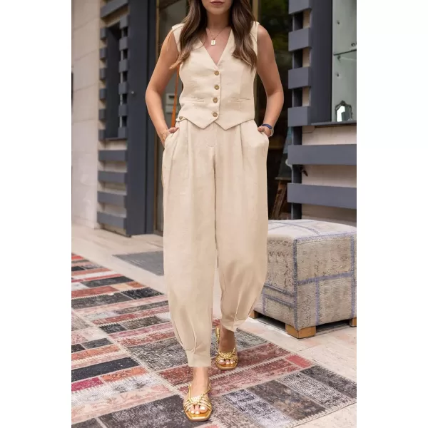 PRETTYGARDEN Womens Summer Two Piece Outfits V Neck Button Front Cropped Tank Tops Vest Pockets Pants Cotton Matching SetsBeige