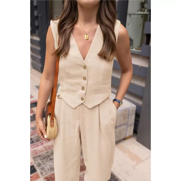 PRETTYGARDEN Womens Summer Two Piece Outfits V Neck Button Front Cropped Tank Tops Vest Pockets Pants Cotton Matching SetsBeige