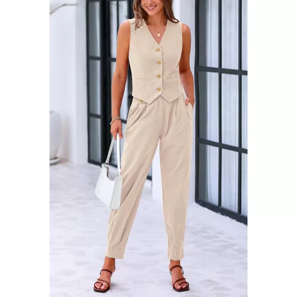 PRETTYGARDEN Womens Summer Two Piece Outfits V Neck Button Front Cropped Tank Tops Vest Pockets Pants Cotton Matching SetsBeige