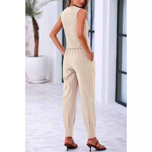 PRETTYGARDEN Womens Summer Two Piece Outfits V Neck Button Front Cropped Tank Tops Vest Pockets Pants Cotton Matching SetsBeige