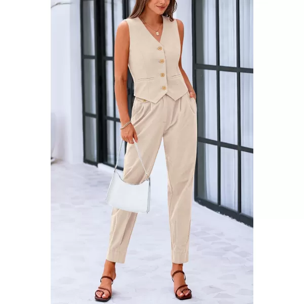 PRETTYGARDEN Womens Summer Two Piece Outfits V Neck Button Front Cropped Tank Tops Vest Pockets Pants Cotton Matching SetsBeige