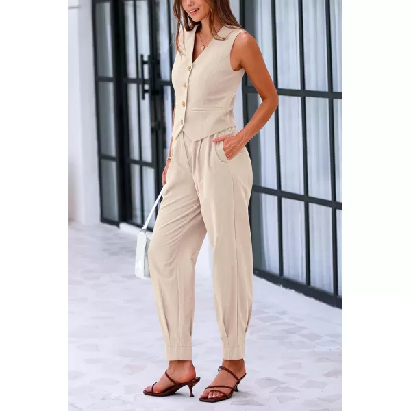 PRETTYGARDEN Womens Summer Two Piece Outfits V Neck Button Front Cropped Tank Tops Vest Pockets Pants Cotton Matching SetsBeige