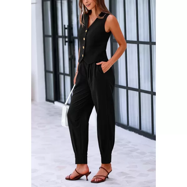 PRETTYGARDEN Womens Summer Two Piece Outfits V Neck Button Front Cropped Tank Tops Vest Pockets Pants Cotton Matching SetsBlack