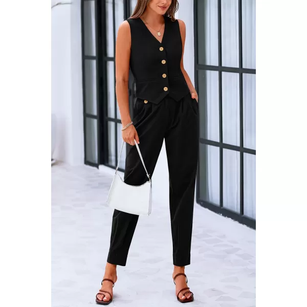PRETTYGARDEN Womens Summer Two Piece Outfits V Neck Button Front Cropped Tank Tops Vest Pockets Pants Cotton Matching SetsBlack