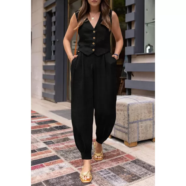 PRETTYGARDEN Womens Summer Two Piece Outfits V Neck Button Front Cropped Tank Tops Vest Pockets Pants Cotton Matching SetsBlack