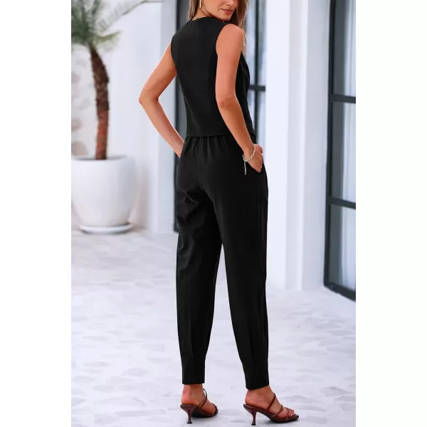 PRETTYGARDEN Womens Summer Two Piece Outfits V Neck Button Front Cropped Tank Tops Vest Pockets Pants Cotton Matching SetsBlack