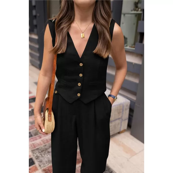 PRETTYGARDEN Womens Summer Two Piece Outfits V Neck Button Front Cropped Tank Tops Vest Pockets Pants Cotton Matching SetsBlack