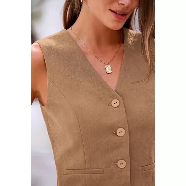 PRETTYGARDEN Womens Summer Two Piece Outfits V Neck Button Front Cropped Tank Tops Vest Pockets Pants Cotton Matching SetsBrown