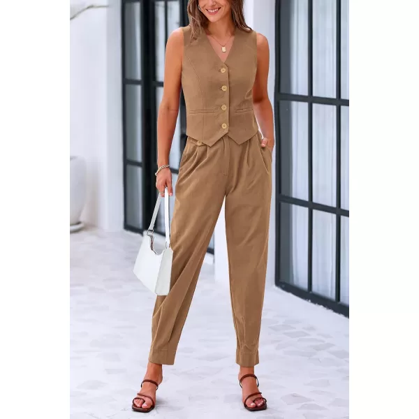 PRETTYGARDEN Womens Summer Two Piece Outfits V Neck Button Front Cropped Tank Tops Vest Pockets Pants Cotton Matching SetsBrown