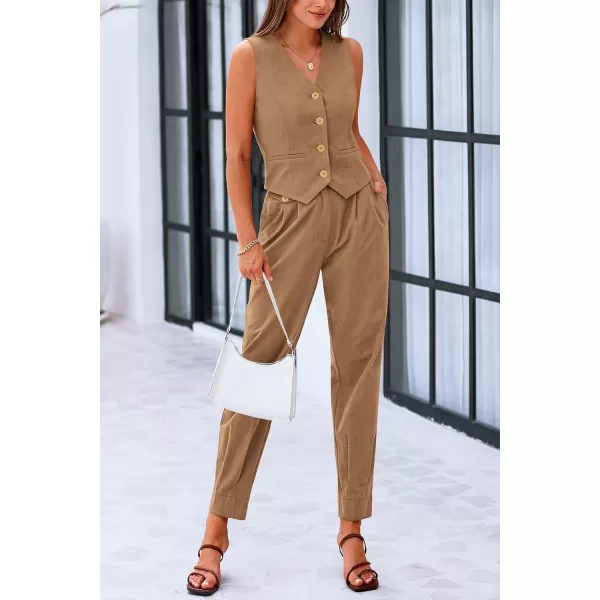 PRETTYGARDEN Womens Summer Two Piece Outfits V Neck Button Front Cropped Tank Tops Vest Pockets Pants Cotton Matching SetsBrown