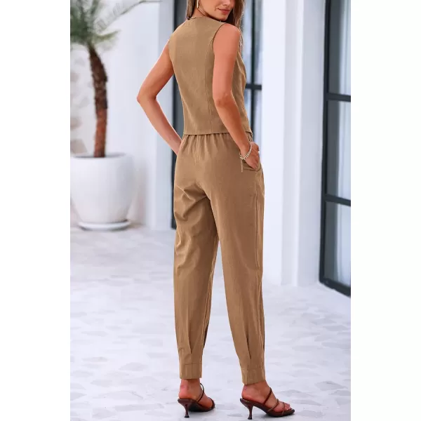 PRETTYGARDEN Womens Summer Two Piece Outfits V Neck Button Front Cropped Tank Tops Vest Pockets Pants Cotton Matching SetsBrown