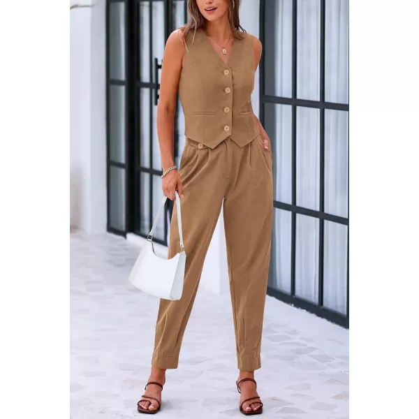 PRETTYGARDEN Womens Summer Two Piece Outfits V Neck Button Front Cropped Tank Tops Vest Pockets Pants Cotton Matching SetsBrown