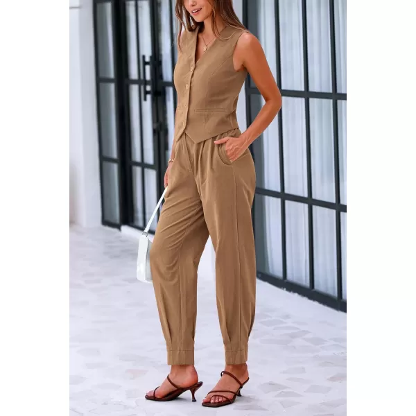 PRETTYGARDEN Womens Summer Two Piece Outfits V Neck Button Front Cropped Tank Tops Vest Pockets Pants Cotton Matching SetsBrown