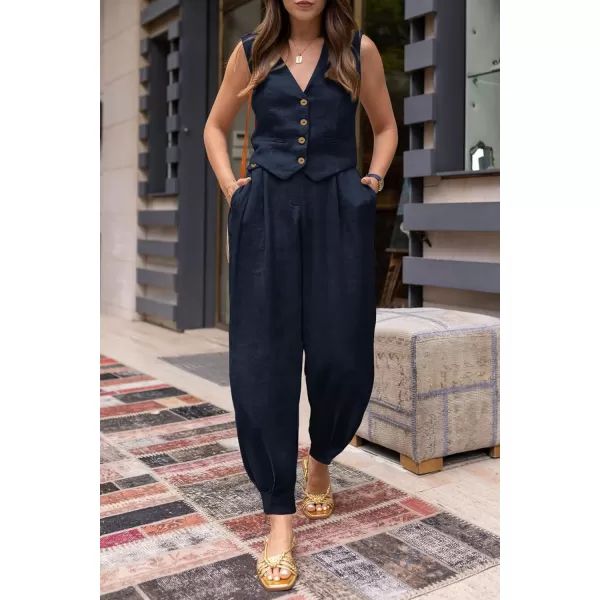 PRETTYGARDEN Womens Summer Two Piece Outfits V Neck Button Front Cropped Tank Tops Vest Pockets Pants Cotton Matching SetsDark Blue