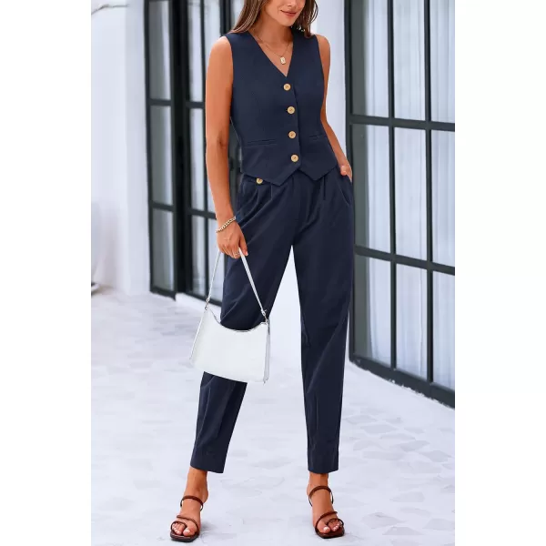 PRETTYGARDEN Womens Summer Two Piece Outfits V Neck Button Front Cropped Tank Tops Vest Pockets Pants Cotton Matching SetsDark Blue