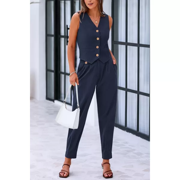 PRETTYGARDEN Womens Summer Two Piece Outfits V Neck Button Front Cropped Tank Tops Vest Pockets Pants Cotton Matching SetsDark Blue