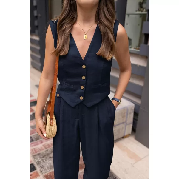 PRETTYGARDEN Womens Summer Two Piece Outfits V Neck Button Front Cropped Tank Tops Vest Pockets Pants Cotton Matching SetsDark Blue