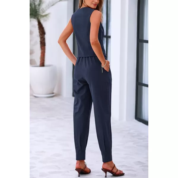 PRETTYGARDEN Womens Summer Two Piece Outfits V Neck Button Front Cropped Tank Tops Vest Pockets Pants Cotton Matching SetsDark Blue