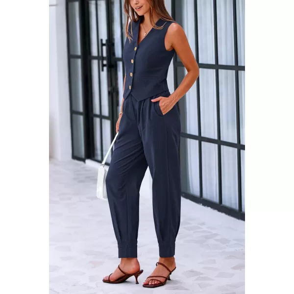 PRETTYGARDEN Womens Summer Two Piece Outfits V Neck Button Front Cropped Tank Tops Vest Pockets Pants Cotton Matching SetsDark Blue