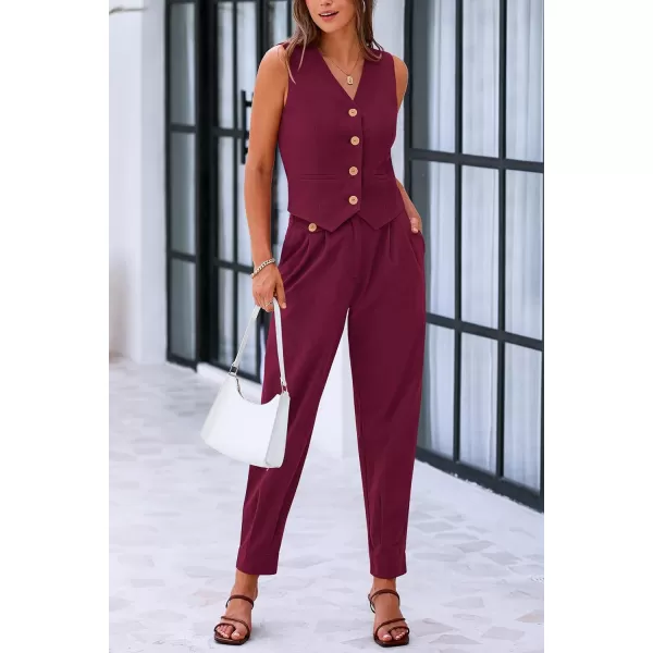 PRETTYGARDEN Womens Summer Two Piece Outfits V Neck Button Front Cropped Tank Tops Vest Pockets Pants Cotton Matching SetsDark Red