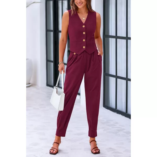 PRETTYGARDEN Womens Summer Two Piece Outfits V Neck Button Front Cropped Tank Tops Vest Pockets Pants Cotton Matching SetsDark Red