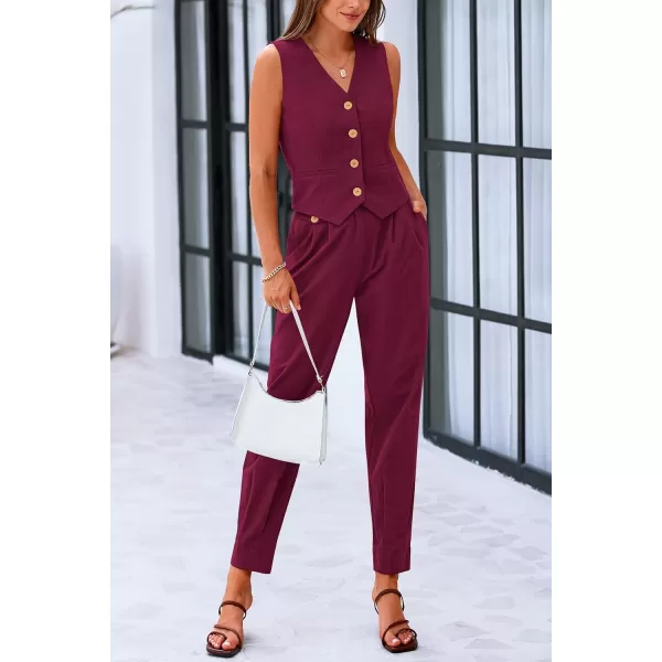 PRETTYGARDEN Womens Summer Two Piece Outfits V Neck Button Front Cropped Tank Tops Vest Pockets Pants Cotton Matching SetsDark Red