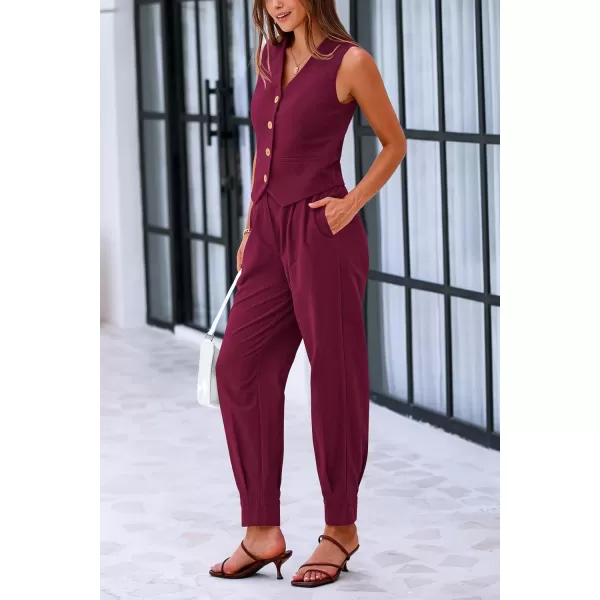 PRETTYGARDEN Womens Summer Two Piece Outfits V Neck Button Front Cropped Tank Tops Vest Pockets Pants Cotton Matching SetsDark Red