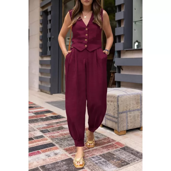 PRETTYGARDEN Womens Summer Two Piece Outfits V Neck Button Front Cropped Tank Tops Vest Pockets Pants Cotton Matching SetsDark Red