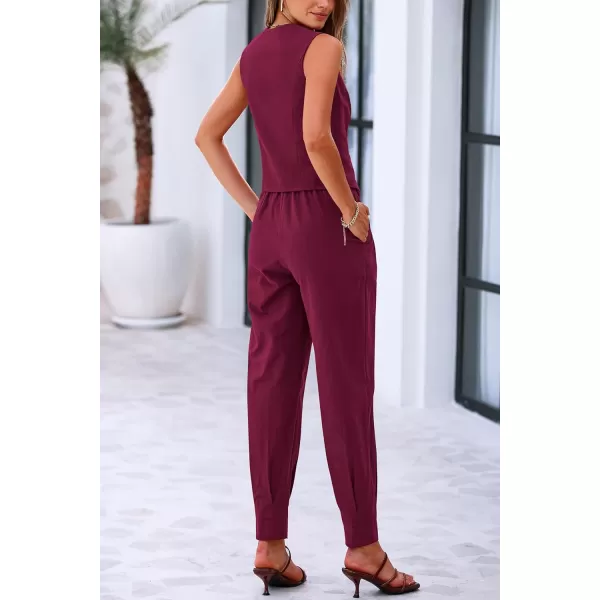PRETTYGARDEN Womens Summer Two Piece Outfits V Neck Button Front Cropped Tank Tops Vest Pockets Pants Cotton Matching SetsDark Red