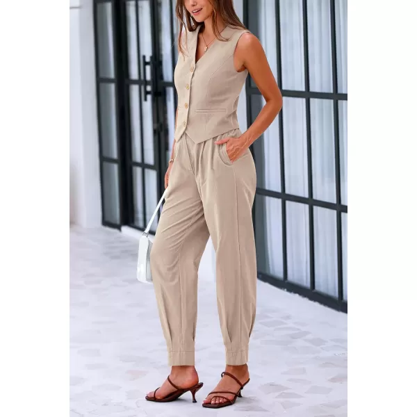 PRETTYGARDEN Womens Summer Two Piece Outfits V Neck Button Front Cropped Tank Tops Vest Pockets Pants Cotton Matching SetsKhaki
